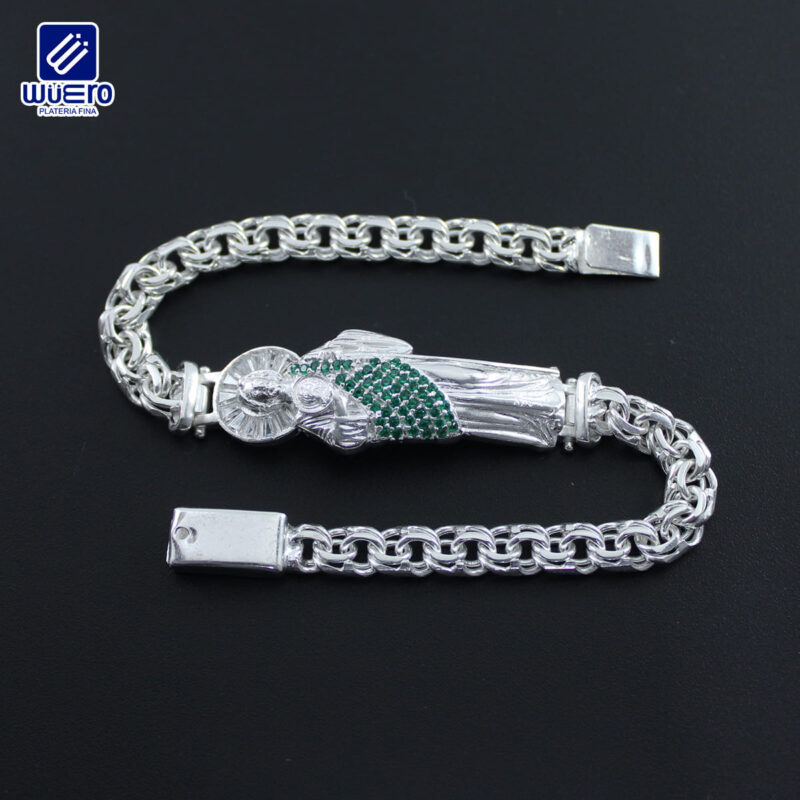 Pulso San Judas con manto de piedras verdes y zirconias blancas 23 cm – Platería Wüero (cód. 5342)